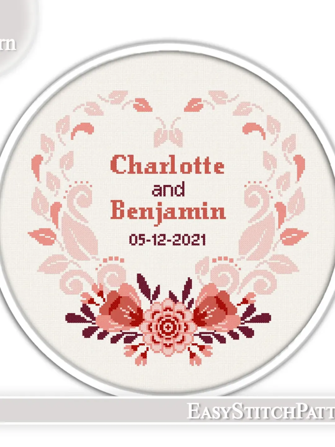 Wedding cross stitch pattern. Floral frame cross stitch pattern. DIY. Heart cross stitch.