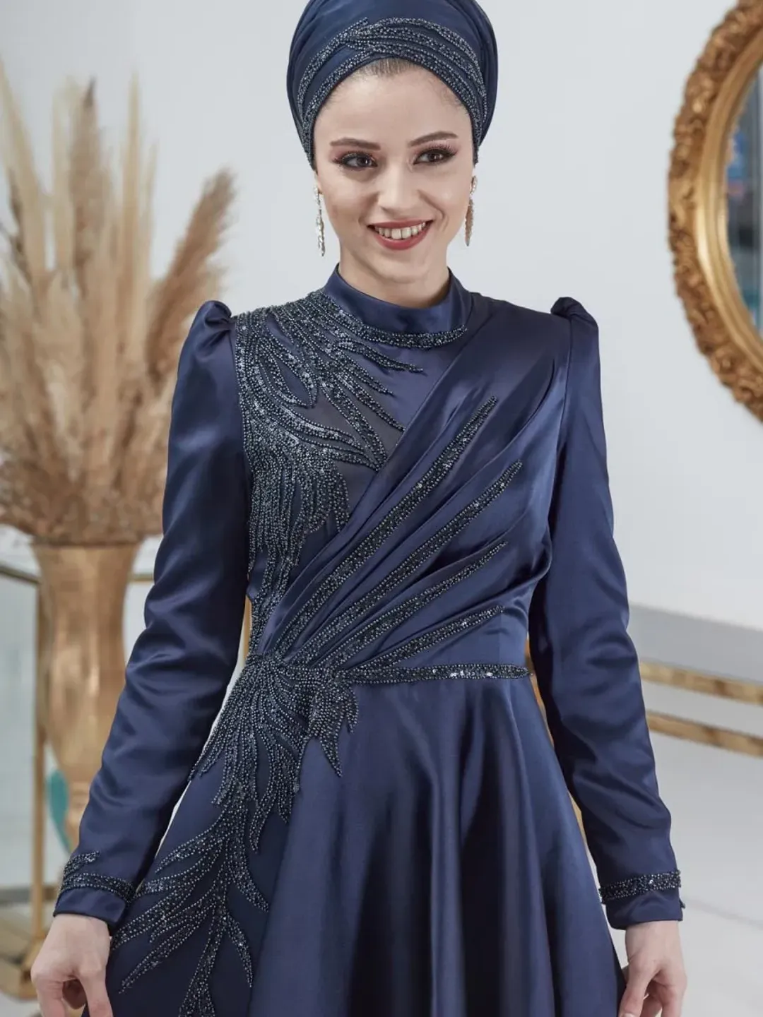 AHUNARE HIJAB - Asil Navy Blue Satin Embroidered Wedding Dress, Muslim ...