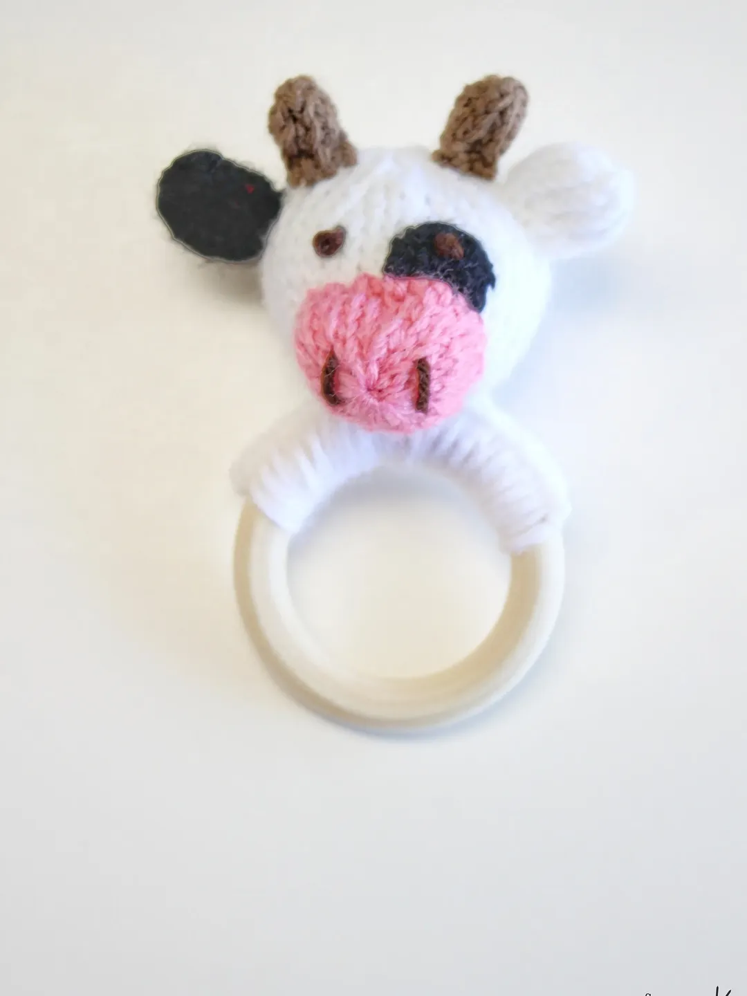 Crochet Spotted Cow Rattle, Soft Rattles with Wooden Rings, Jingling Soft Baby Toy, Newborn Baby Shower Gift Ideas, Barnyard Farm Animals