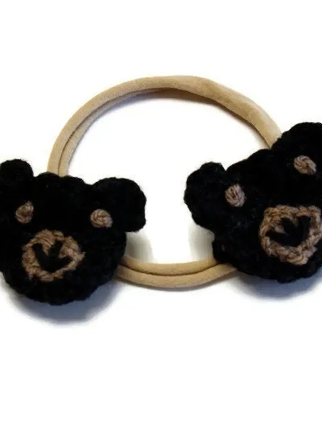Crochet Woodland Bear Face Piggies Hair Clip or Headband, Little Girls' Hair Accessories, Nude Nylon Headbands, Baby Shower, Wild Animal