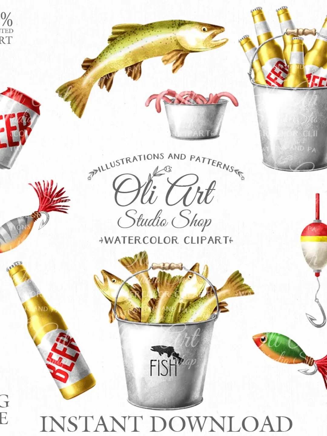 Fishing Clip Art. Camping Graphics, Hand Drawn graphics. Digital Download. OliArtStudioShop