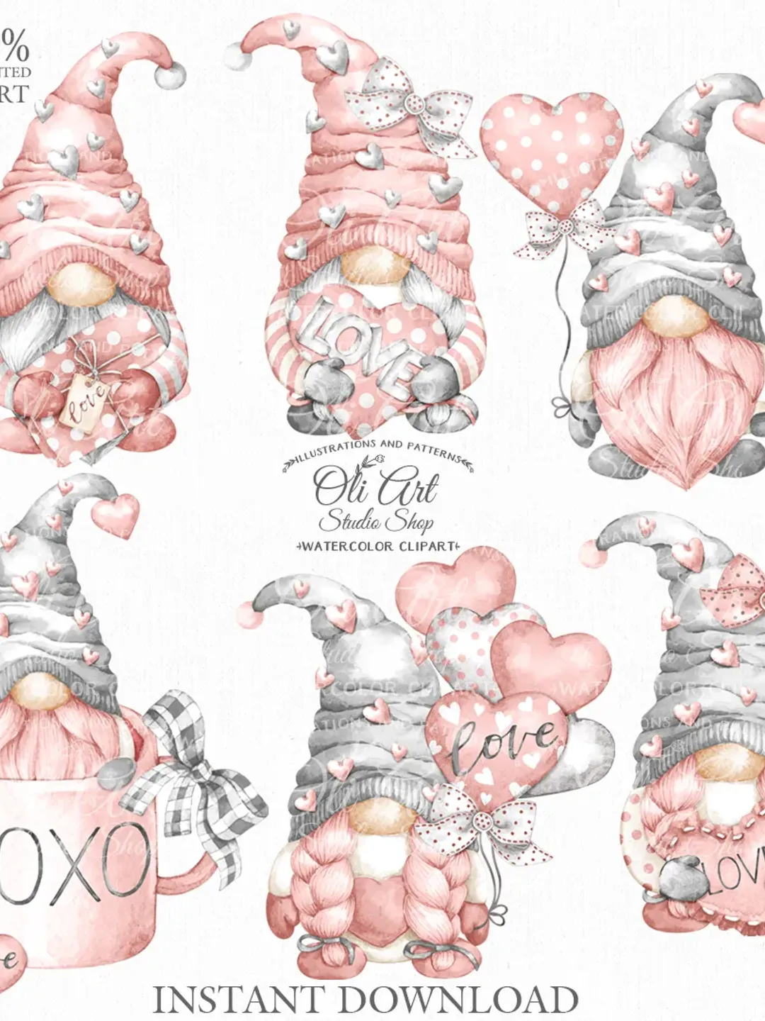 Valentine's Day, Gnome Clip Art. Cute Characters, Hand Drawn graphics. Digital Download. OliArtStudioShop