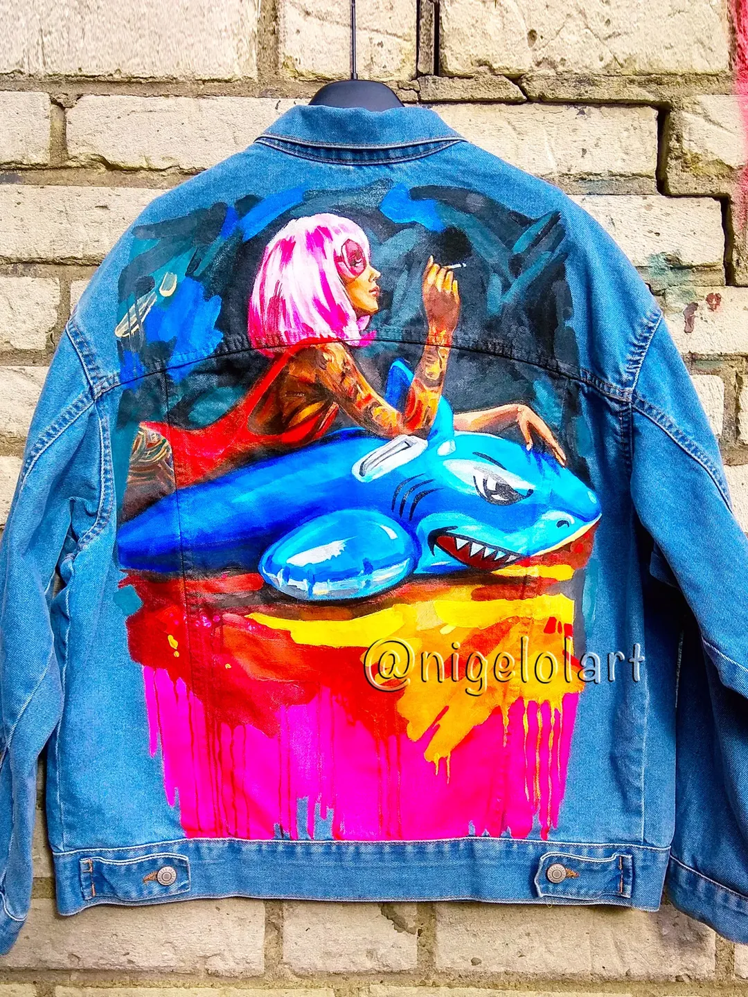 Blond Shark  Painted denim jacket Custom jacket Portrait from photo Personalized order Black denim jacket shirt
