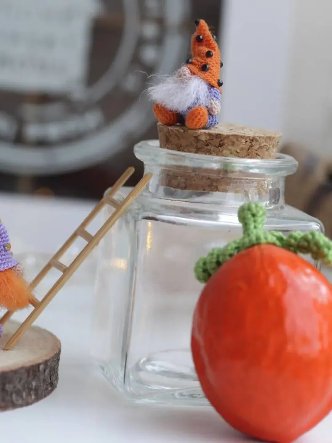 Christmas gnome micro crocheted toy in a tiny house walnut shell dollhouse miniature funny gift for mom handmade gift