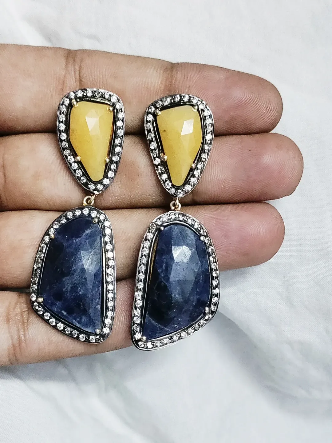 Natural Sapphire Earrings, Pave CZ Earrings, Sterling Silver Earrings, Pave Earrings, Victorian Jewelry, Statement Jewelry, Boho Earrings