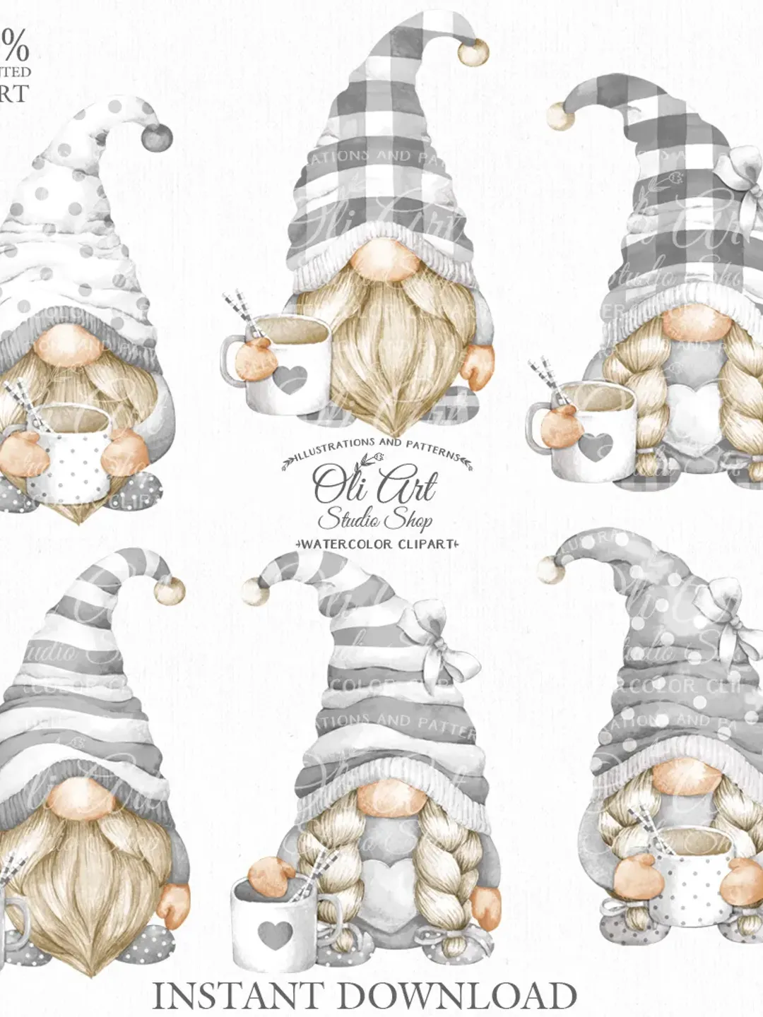 Gnome Clip Art. Cute Characters, Hand Drawn graphics. Digital Download. OliArtStudioShop