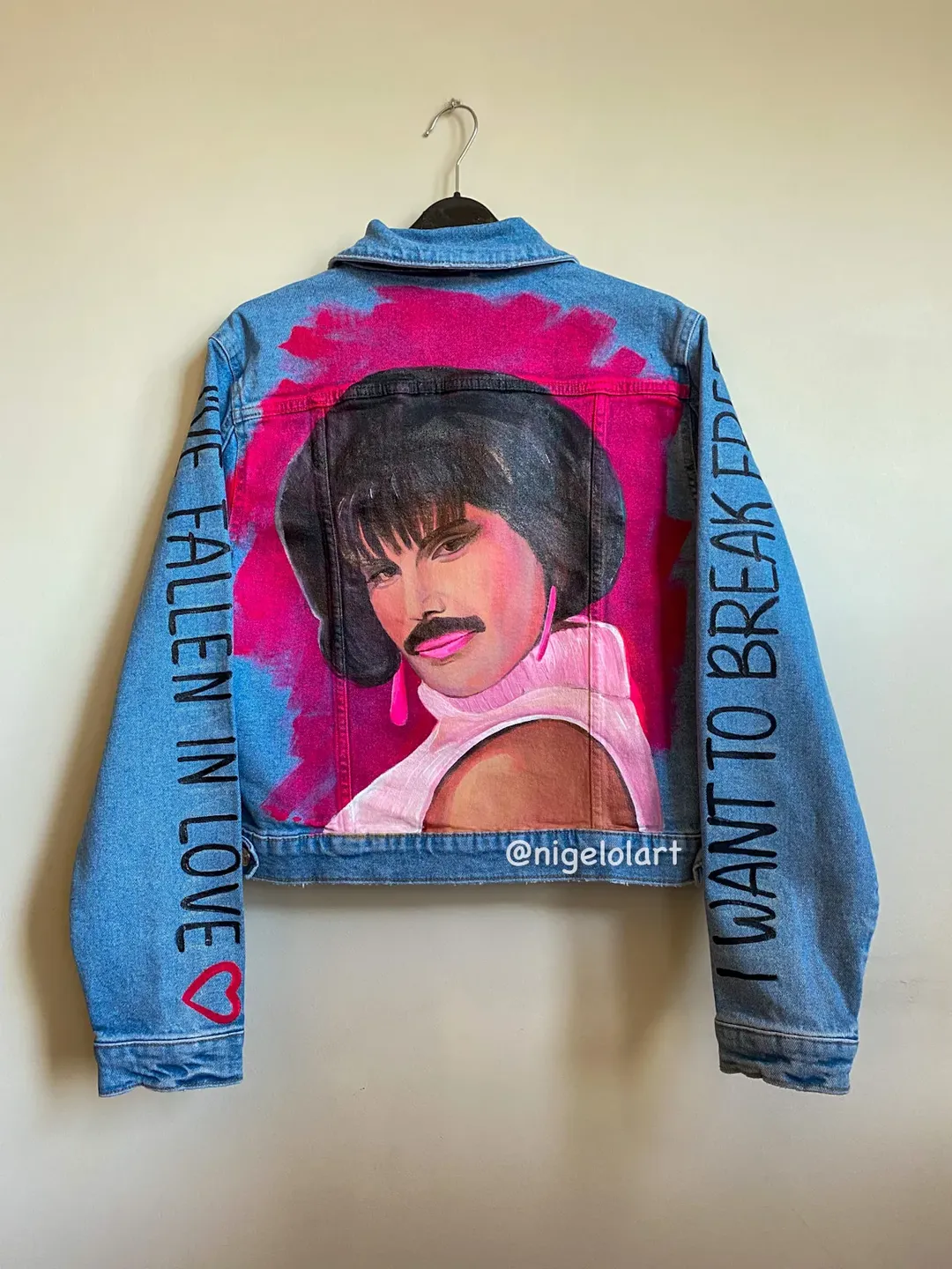 Painted denim jacket, hand painted jacket, mod jacket, abstract jacket, jacket patch, jeans paint, Freddie Mercury