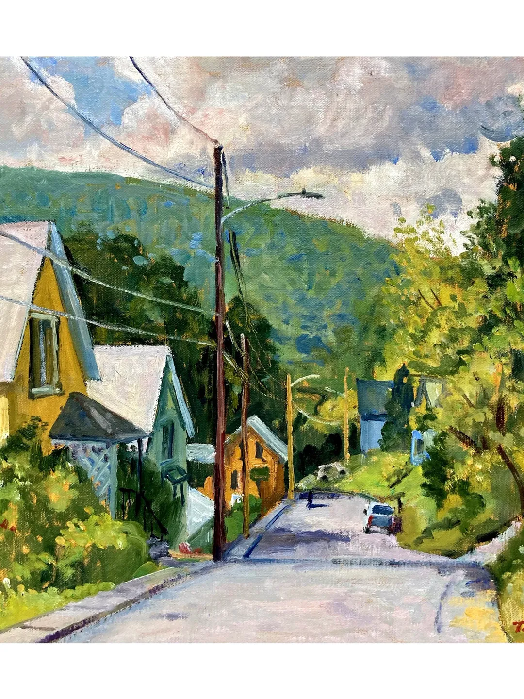 Original Landscape Painting - American Street/Summer - Oil on Linen, Plein Air Impressionist Street Scene, Signed Berkshires Fine Art