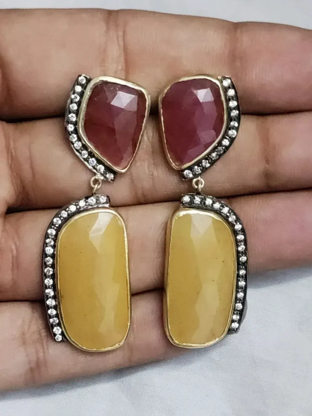 Natural Ruby & Yellow Sapphire Earrings, Pave Earrings, Sterling Silver Earrings, Victorian Earrings, Statement Jewelry, Boho Earrings