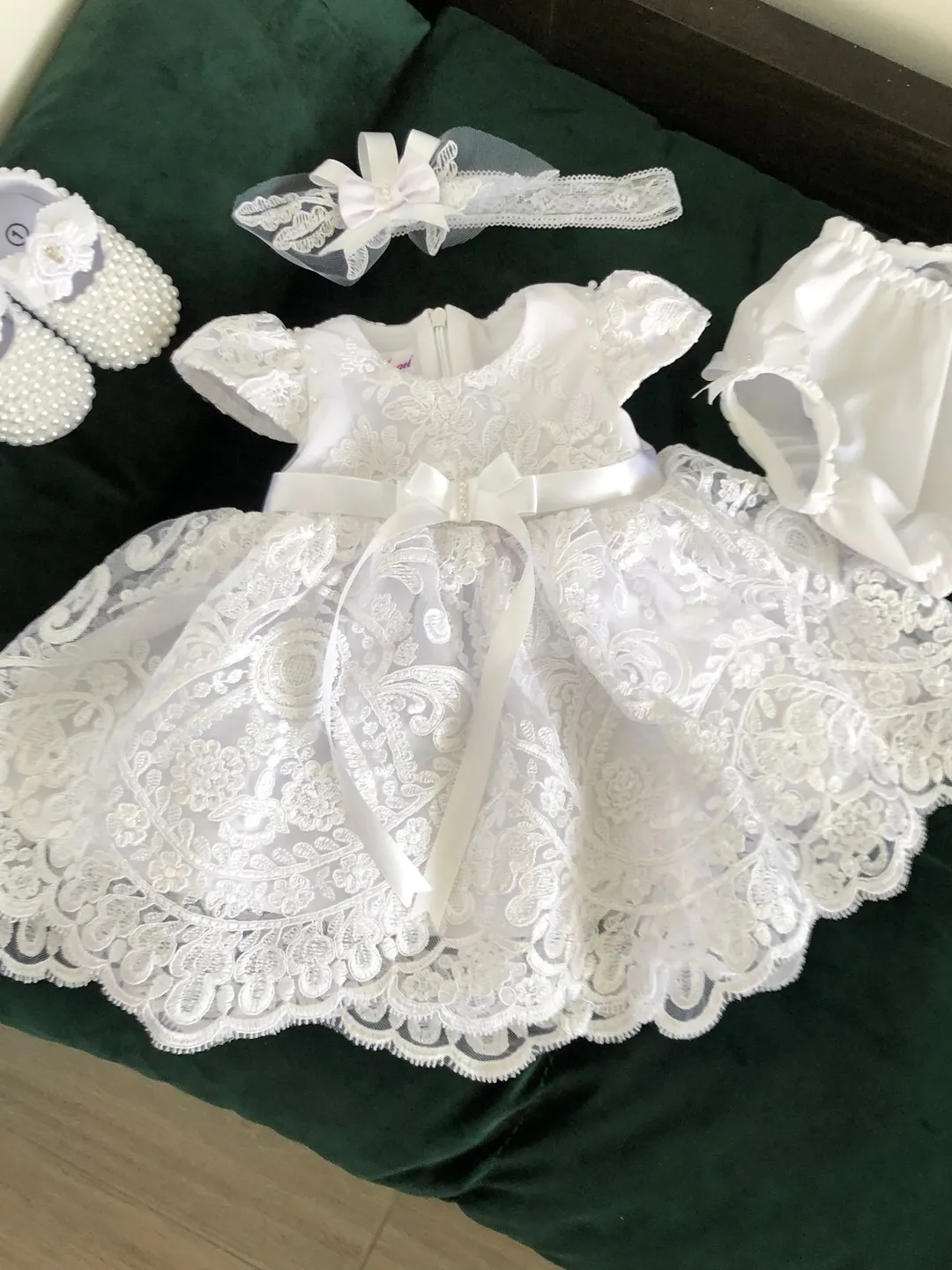 Baptism clothing set for baby girl. White dress with lace and sparkles, headband, panties, booties with pearls.