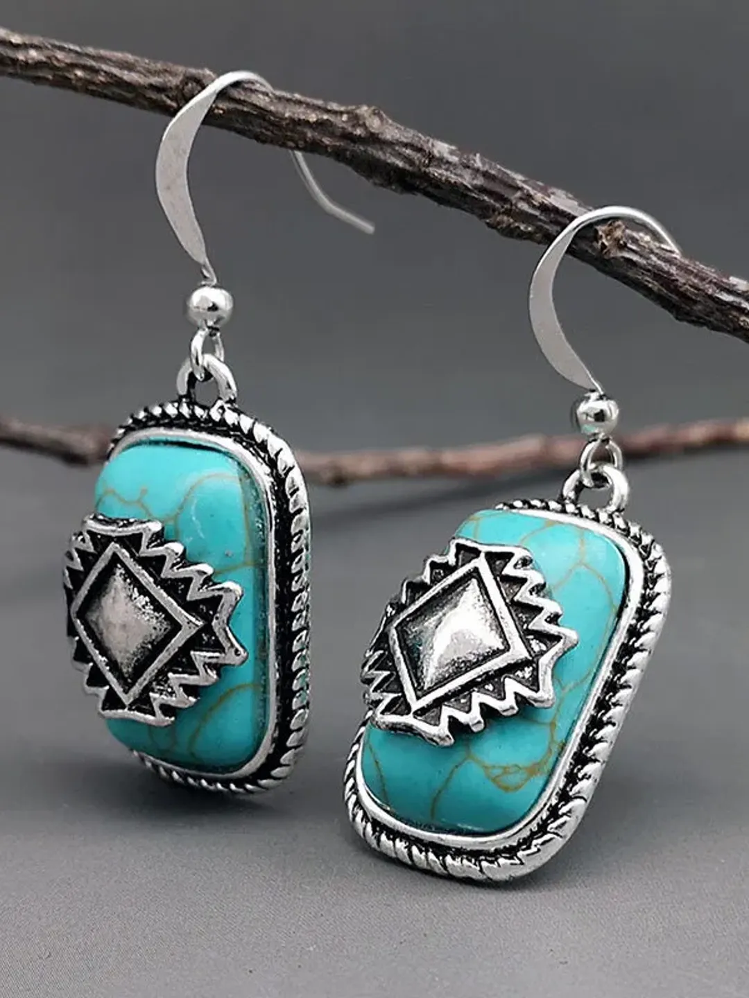 Blue Aztec Earrings, Blue Boho Ethnic Earrings, turquoise boho earrings, turquoise oblong aztec earrings, Turquoise Blue Aztec Boho Earrings