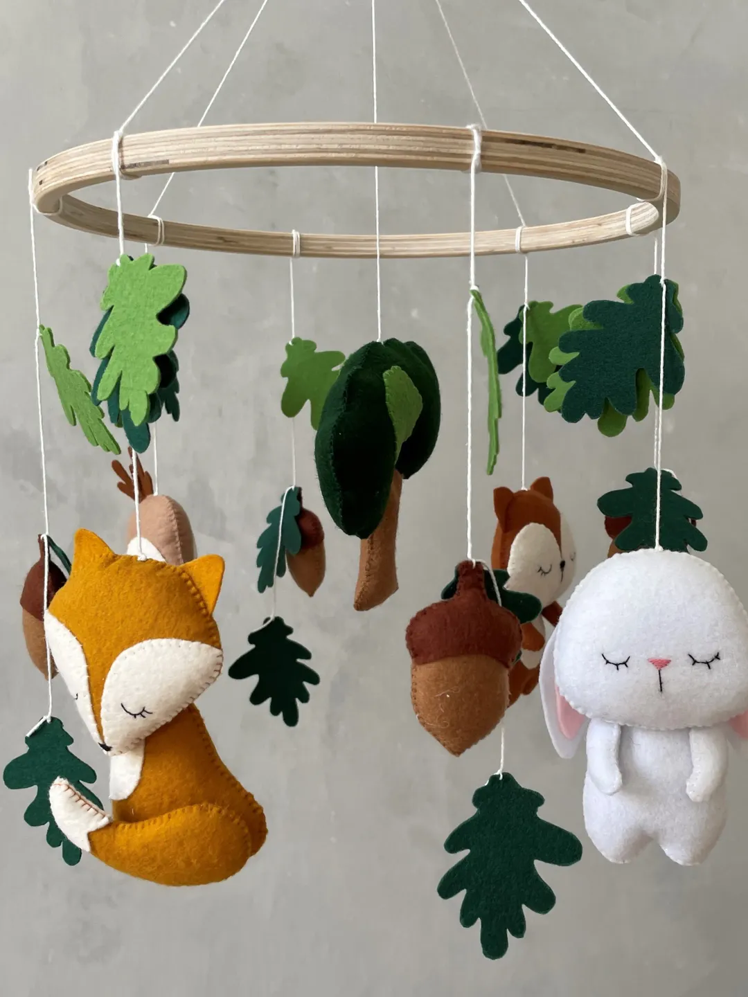 Woodland mobile baby nursery decor. Bunny dear fox mobile. Forest animals neutral baby mobile. Hanging crib mobile