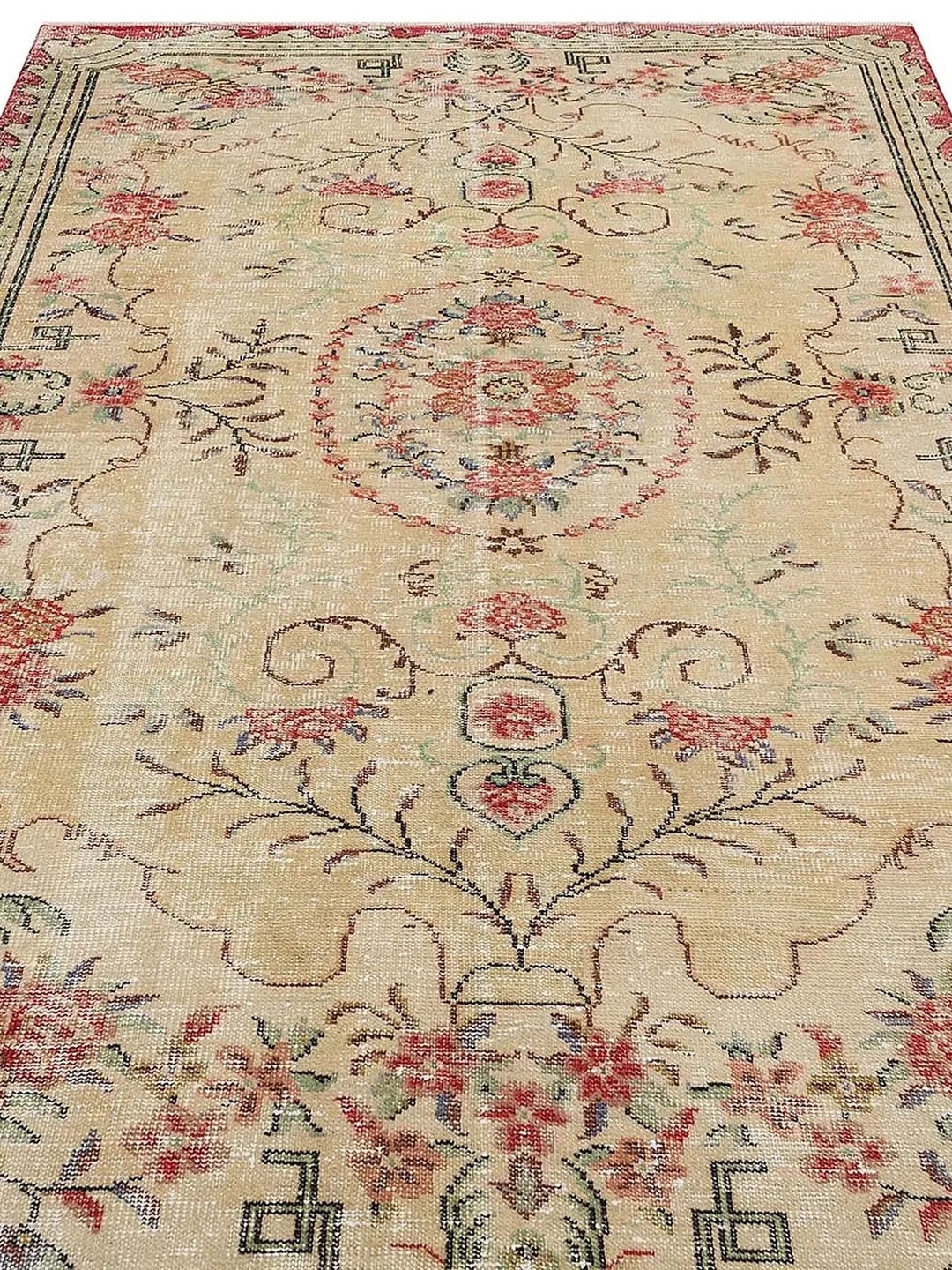 Vintage Turkish Floral Beigewood Rug: Hand-woven 5.2ft x 8.8ft in natural colors - Add a touch of floral elegance to your home decor!