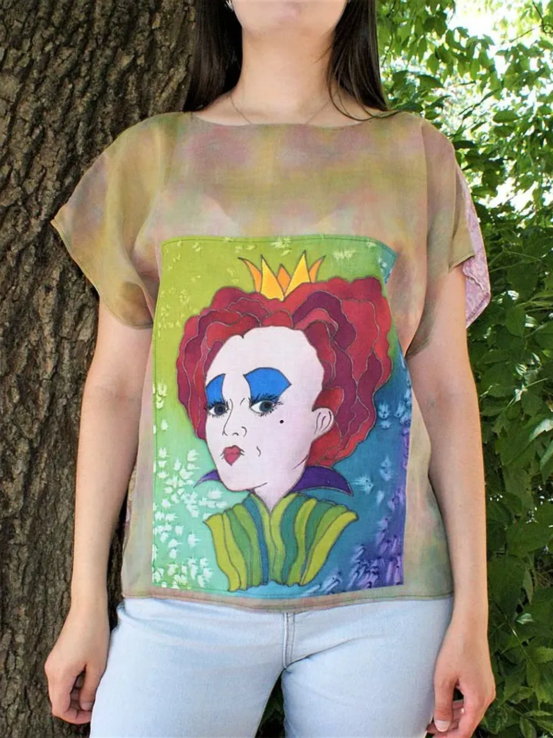 Hand-painted Loose Cotton Tunic, Loose Art Queen T-shirt, Oversized Royal Tunic