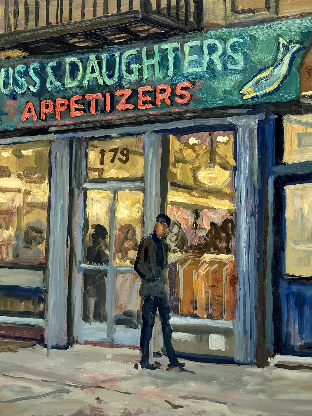 New York Cityscape Painting - Russ and Daughters/NYC Rain- 12x16 Oil on Panel, Impressionist Landscape Street Scene, Signed Original