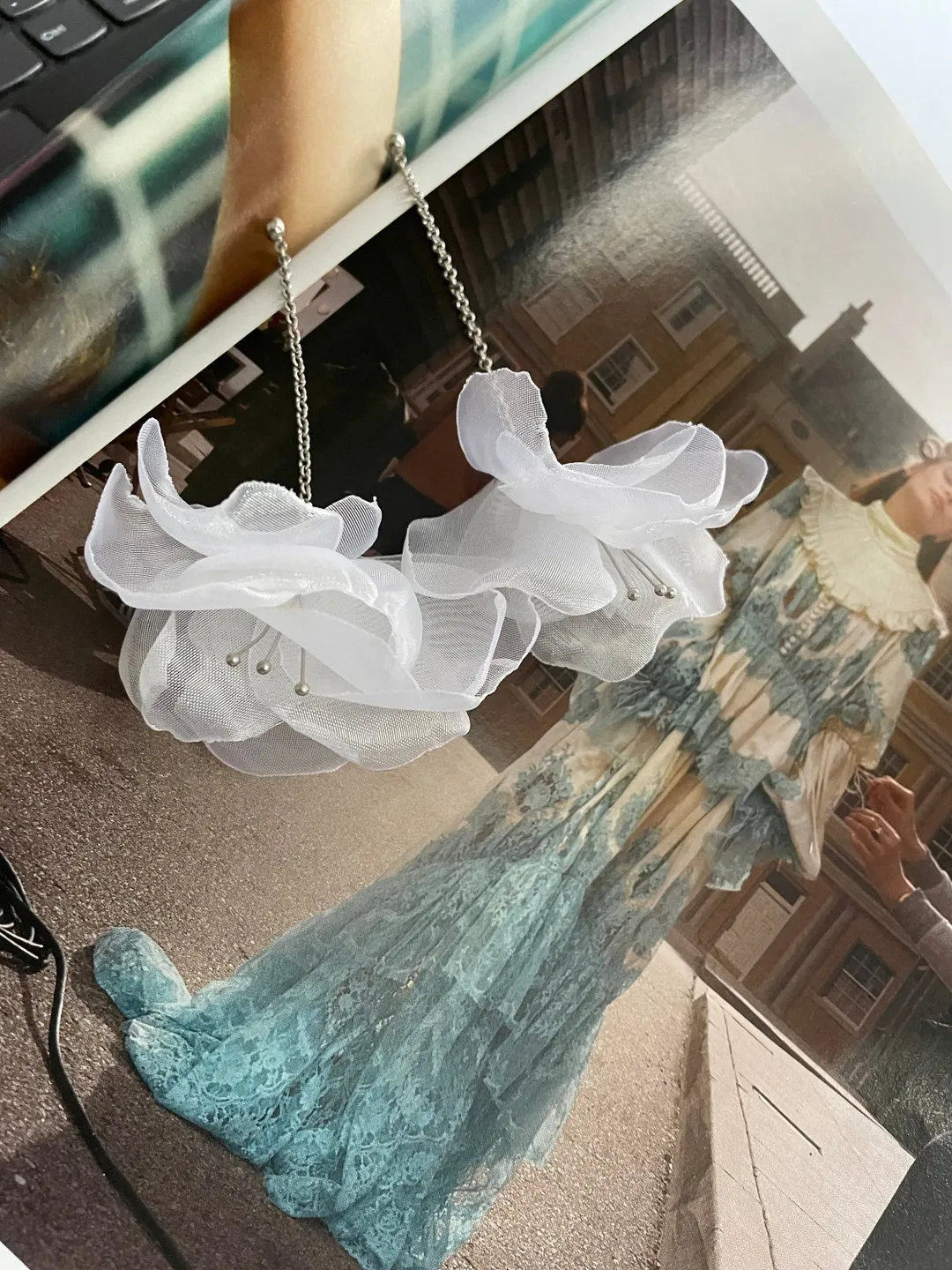 Boho Earrings, Flowers Organza Earrings, Long Earrings, Bridal jewelry, Bohemian jewelry, Silver chain earrings