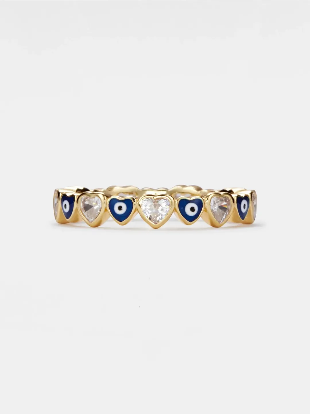 PERIMADE Blue Turkish Evil Eye Band •  Heart Stacking Eternity Ring • Sterling Silver Promise Jewelry • Trendy Best Friend Gift