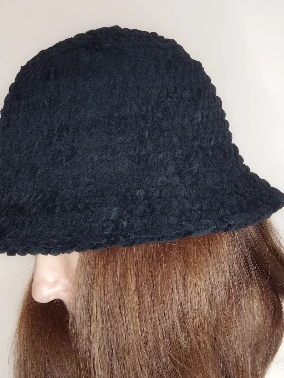 Plush bucket hat hand knit. Fluffy bucket hat for women. Black bucket hat crochet.