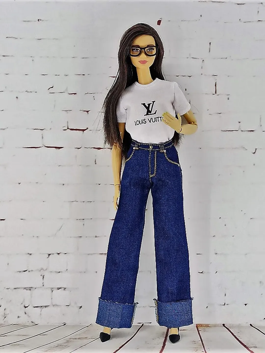 Wide lapel jeans and a white T-shirt with a print for Barbie regular or other dolls of similar size
