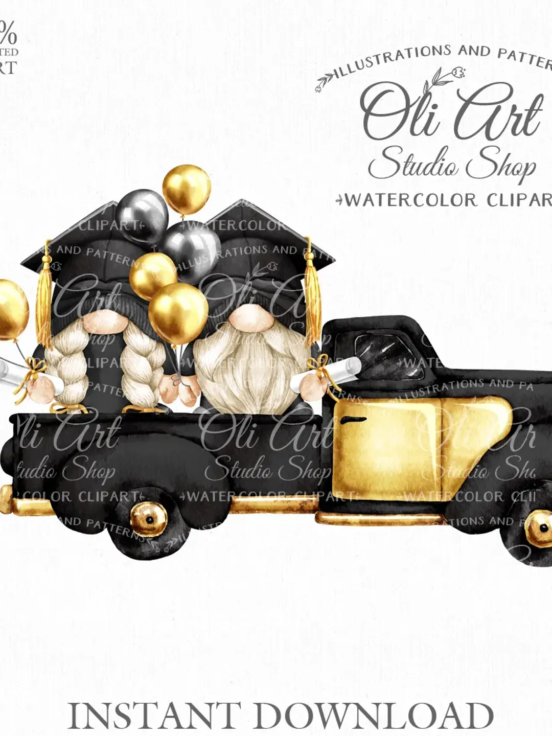 Graduation Truck Gnome Clipart. Hand Drawn Graphics, Instant Download. Digital Download. OliArtStudioShop