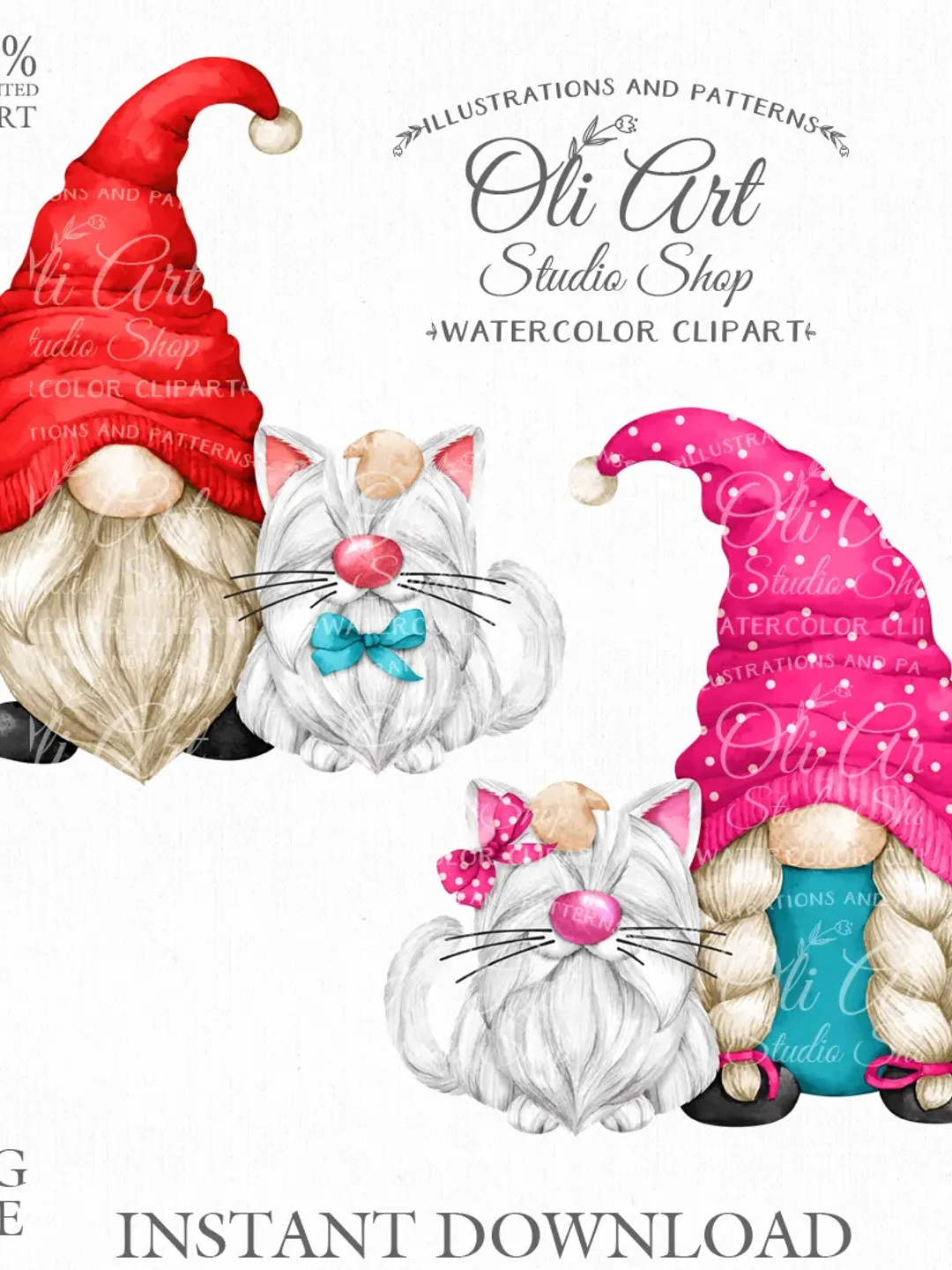 Gnome Walking the Cat Clip Art. Cat Lovers. Cute Characters. Hand Drawn graphics. Digital Download. OliArtStudioShop
