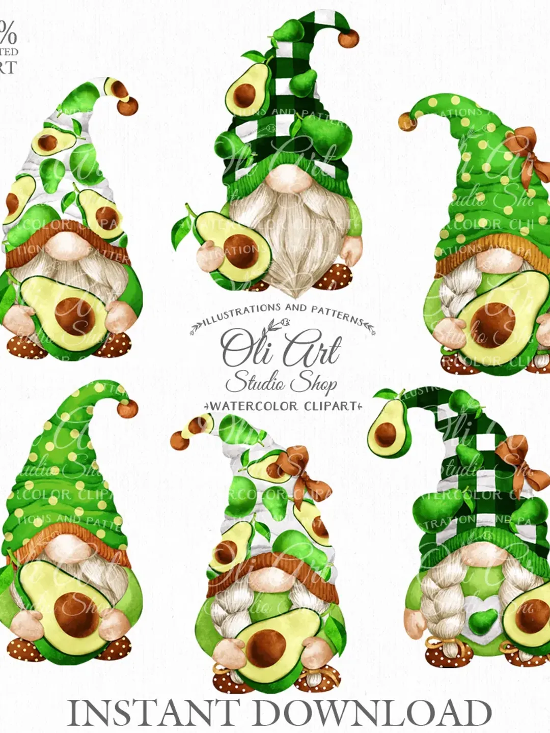 Gnomes & Avocado Clipart. Cute Characters, Hand Drawn graphics, instant download. Digital Download. OliArtStudioShop