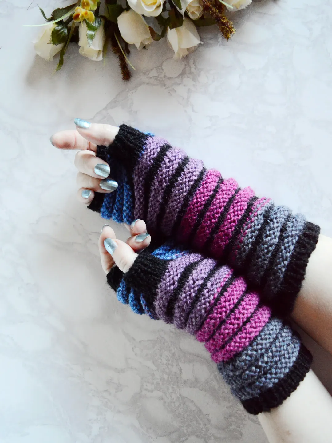 Mittens knitted striped  Multicolored wool hand warmers