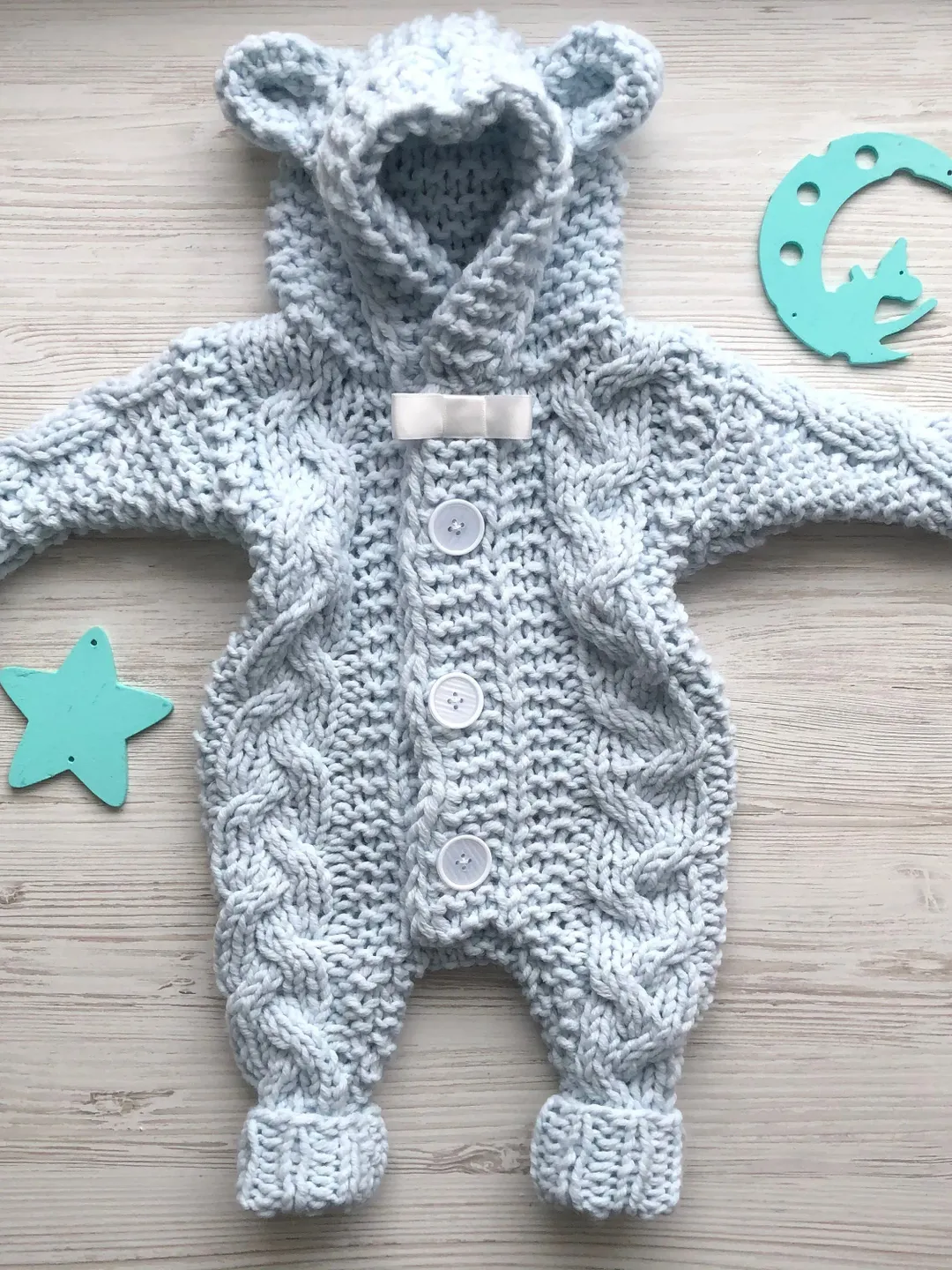 Light blue knit overall for baby boy. Teddy bear overall for baby boy. Take home overall for baby boy. Baby shower gift for baby boy.