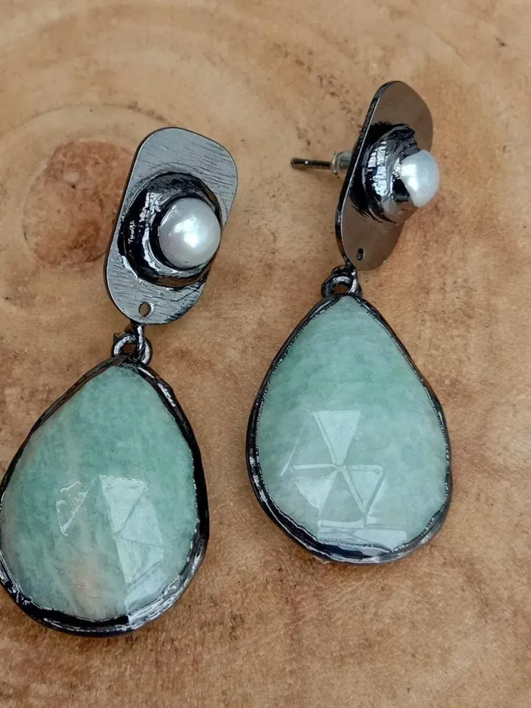 Green Gemstone Pearl Earrings, Amazonite Earrings, Teardrop Earrings, Amazonite and Pearl Earrings, Green Teardrop Earrings, Boho Jewellery