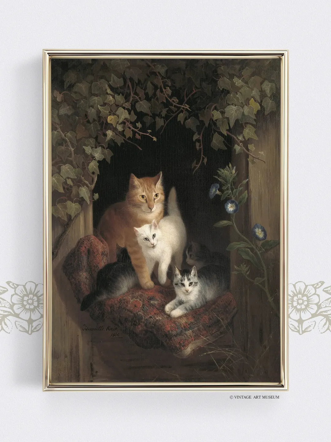 Cat With Kittens Vintage Print, Pets Antique Oil Painting, Printable Wall Art Decor, Downloadable | 384