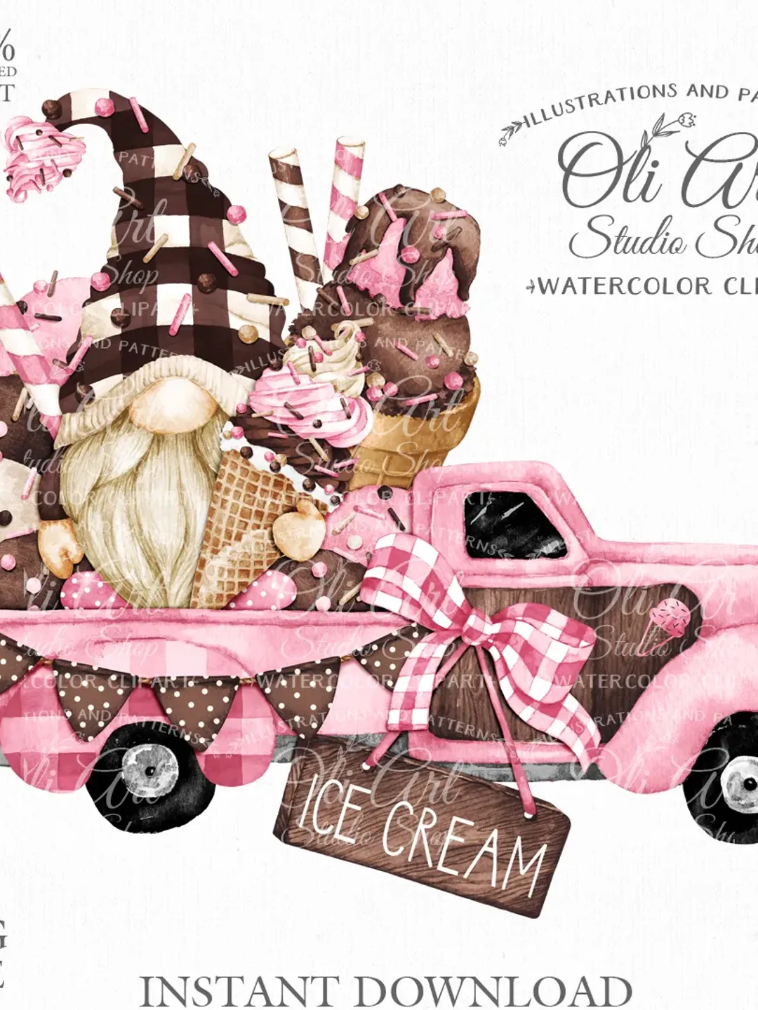 Ice Cream Truck, Gnome Clipart. Hand Drawn Graphics, Instant Download. Digital Download. OliArtStudioShop
