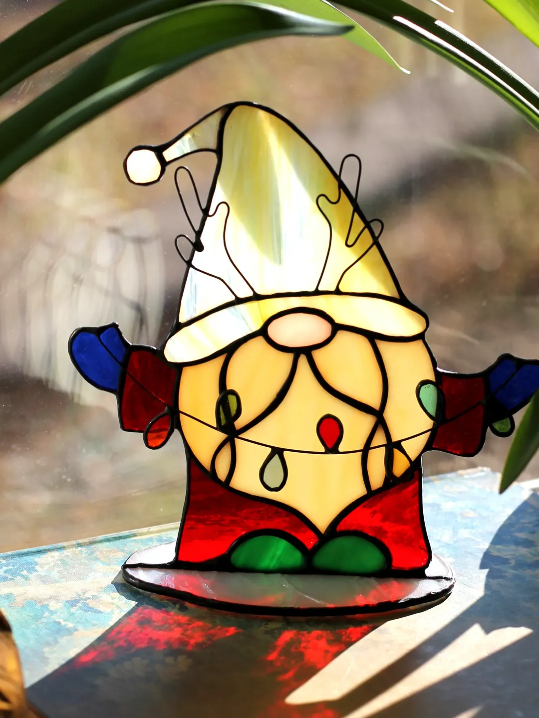Stained Glass Suncatcher Christmas Gnome Decor, Suncatcher Gnome with Garland, Stained Glass Panel, Christmas Decor Gift