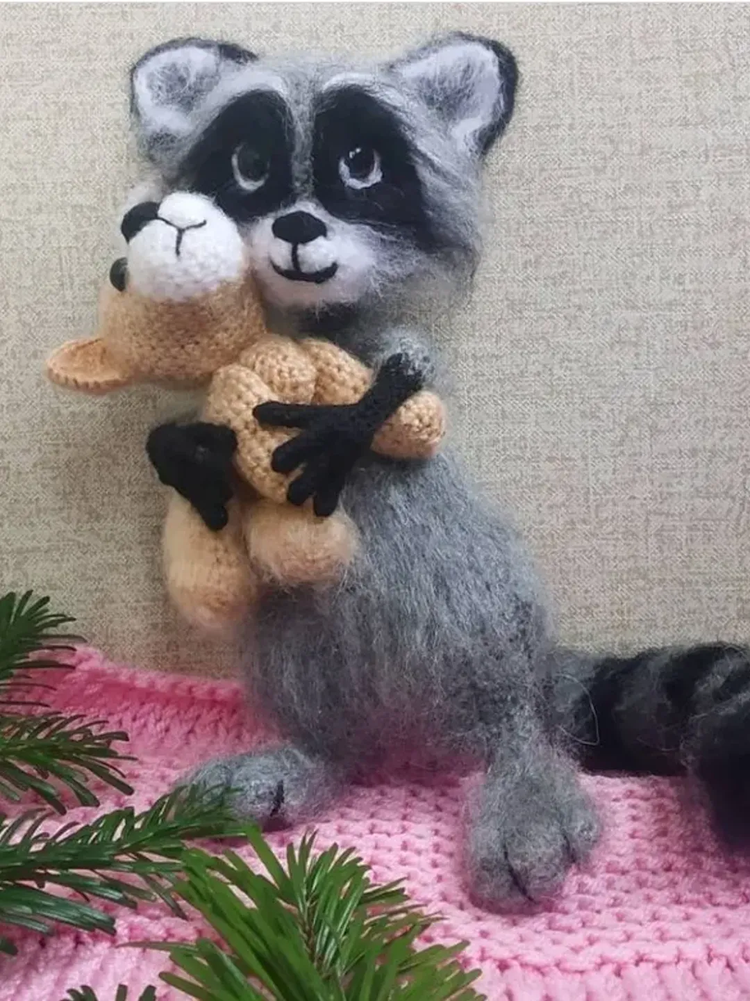 Stuffed animal plush Little fluffy raccoon on wire frame Gray custom raccoon interior toy with doggie