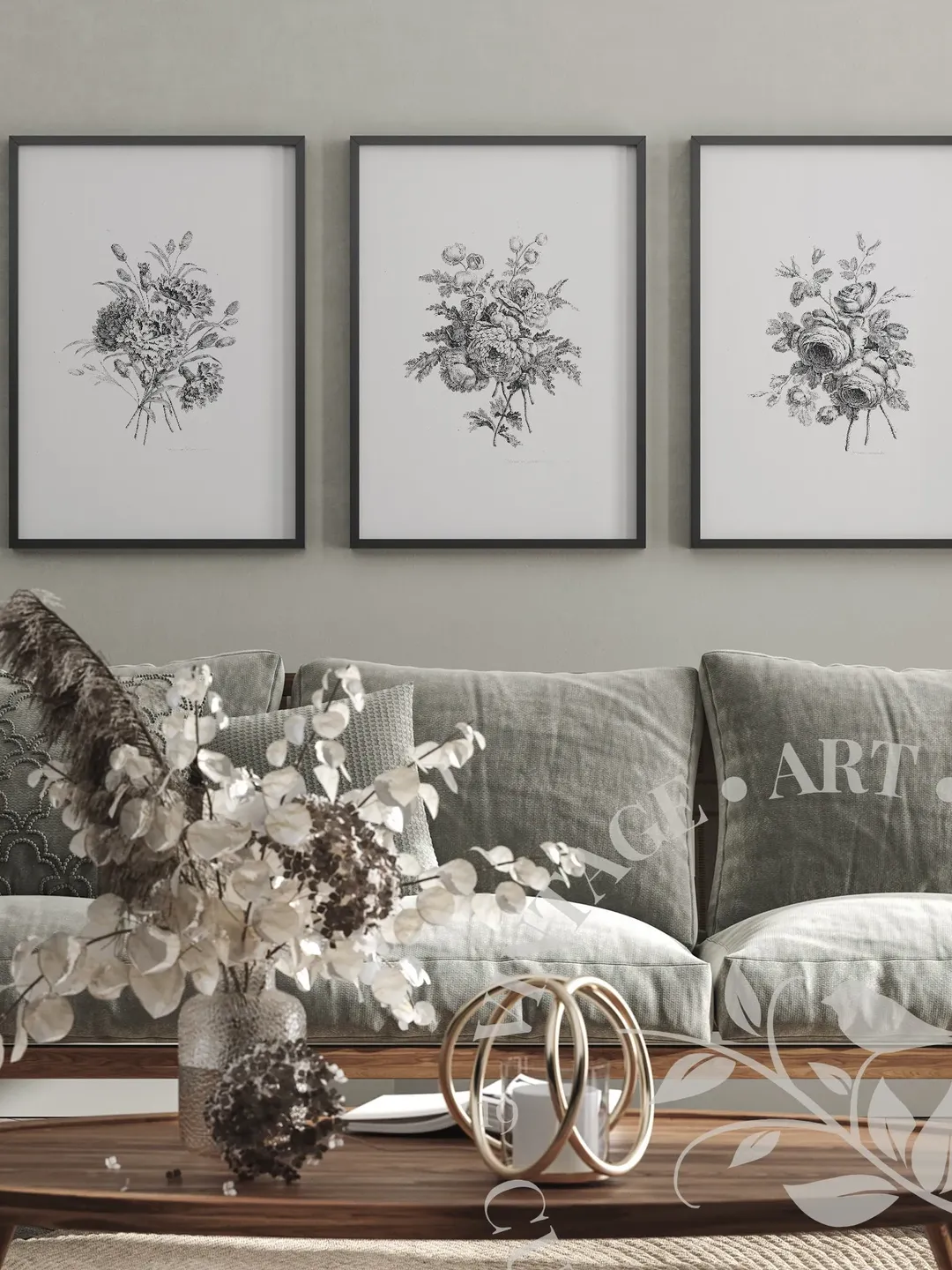 3 Piece Wall Art Botanical Sketches, Vintage Set Prints, Large Neutral ...