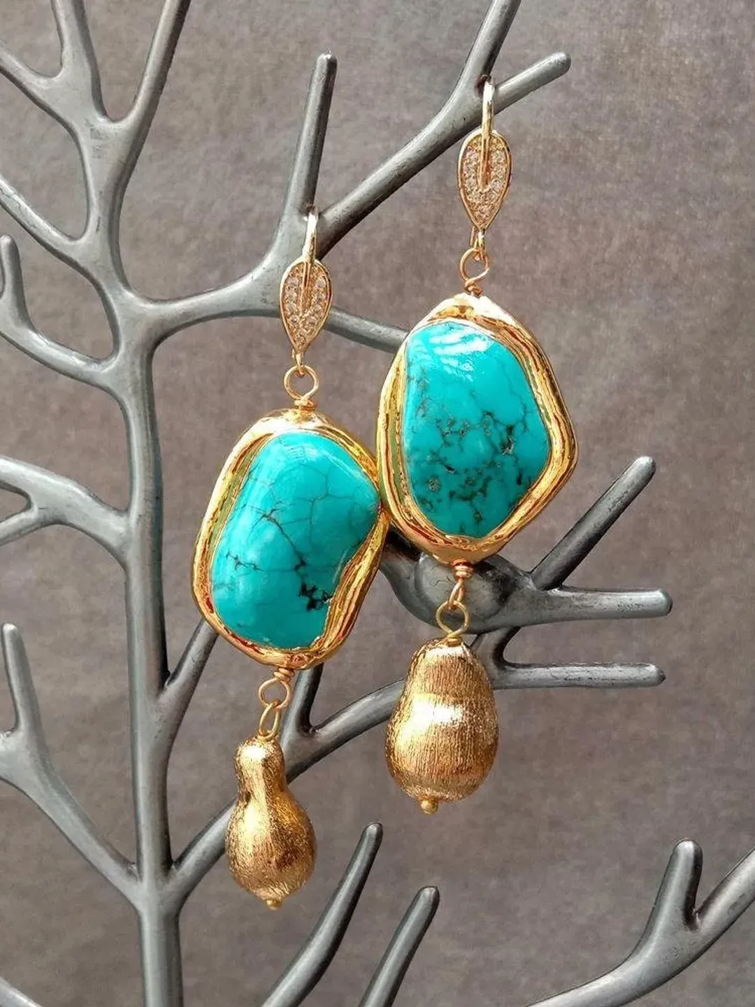 Turquoise Earrings, Gold Turquoise Earrings, Chunky Turquoise Earrings, Big Turquoise Earrings, Unique Turquoise Earrings, Gemstone Earrings
