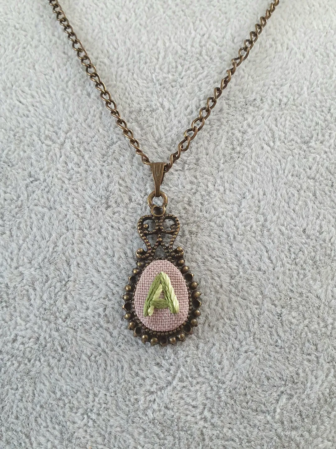 Hand embroidered personalized letter A on pendant, 4th wedding anniversary gift, custom embroidery