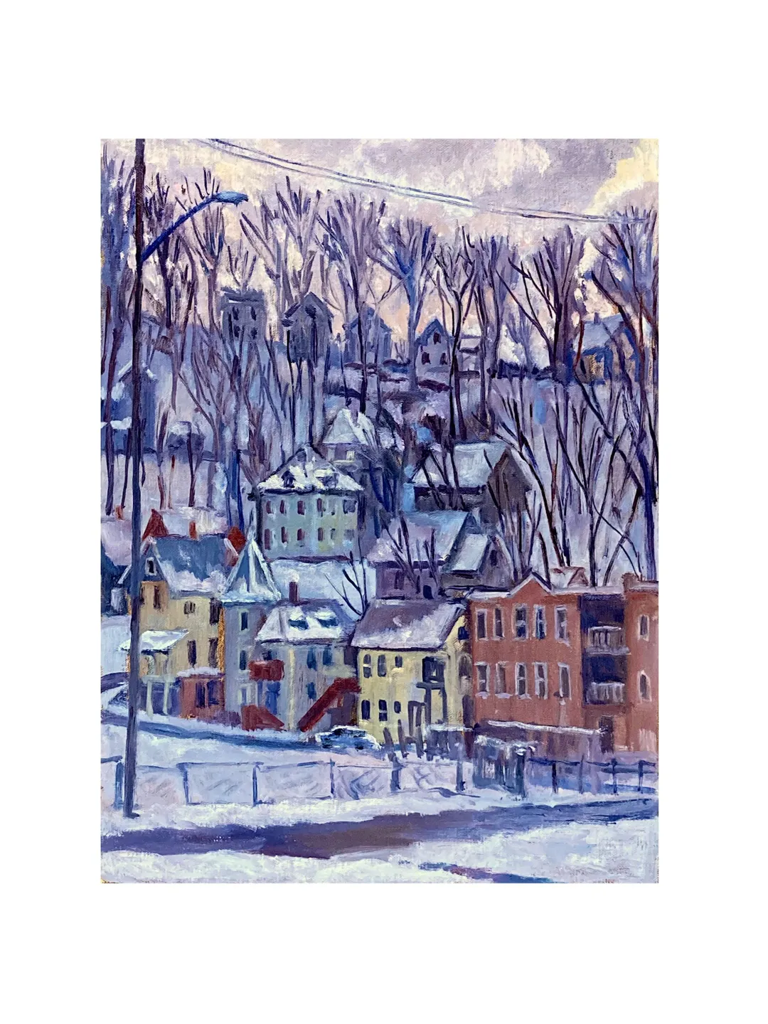 Original Landscape Painting - Winter Light/North Adams - 12x16 Oil on linen, Impressionist Snow Scene, American Cityscape Fine Art