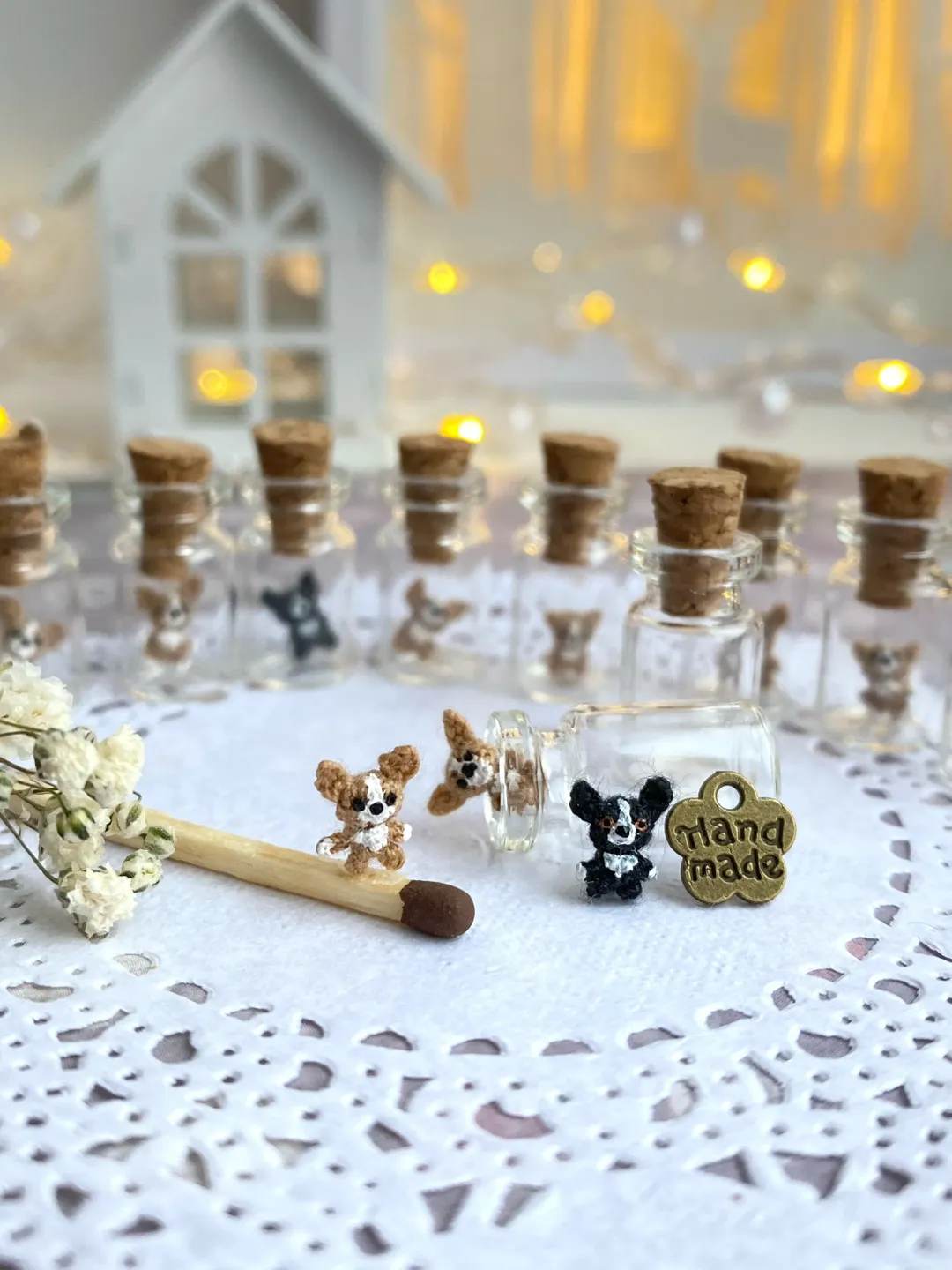 Micro crochet animals in glass bottle necklace long distance gift for best friends mini figurines glow in the dark