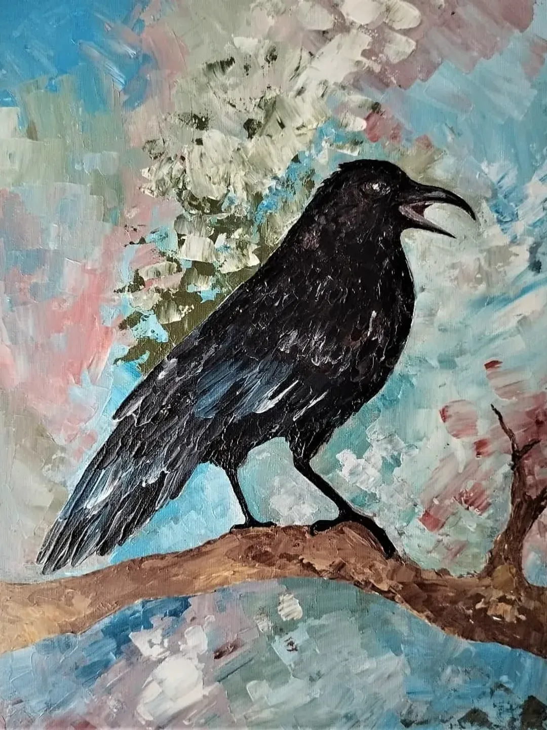 Raven painting, Crow painting, Impasto art, Black crow painting, Bird painting for sale, Bird canvas wall art