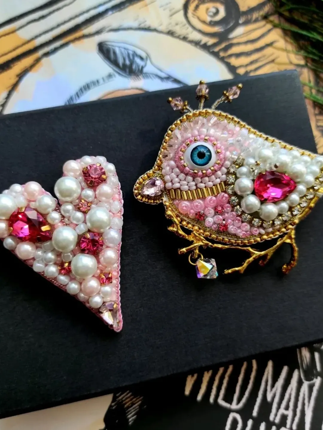 Set of brooches, bird, heart pin, bird brooch, heart brooch, jewelry set, gift for her, handmade brooch pin