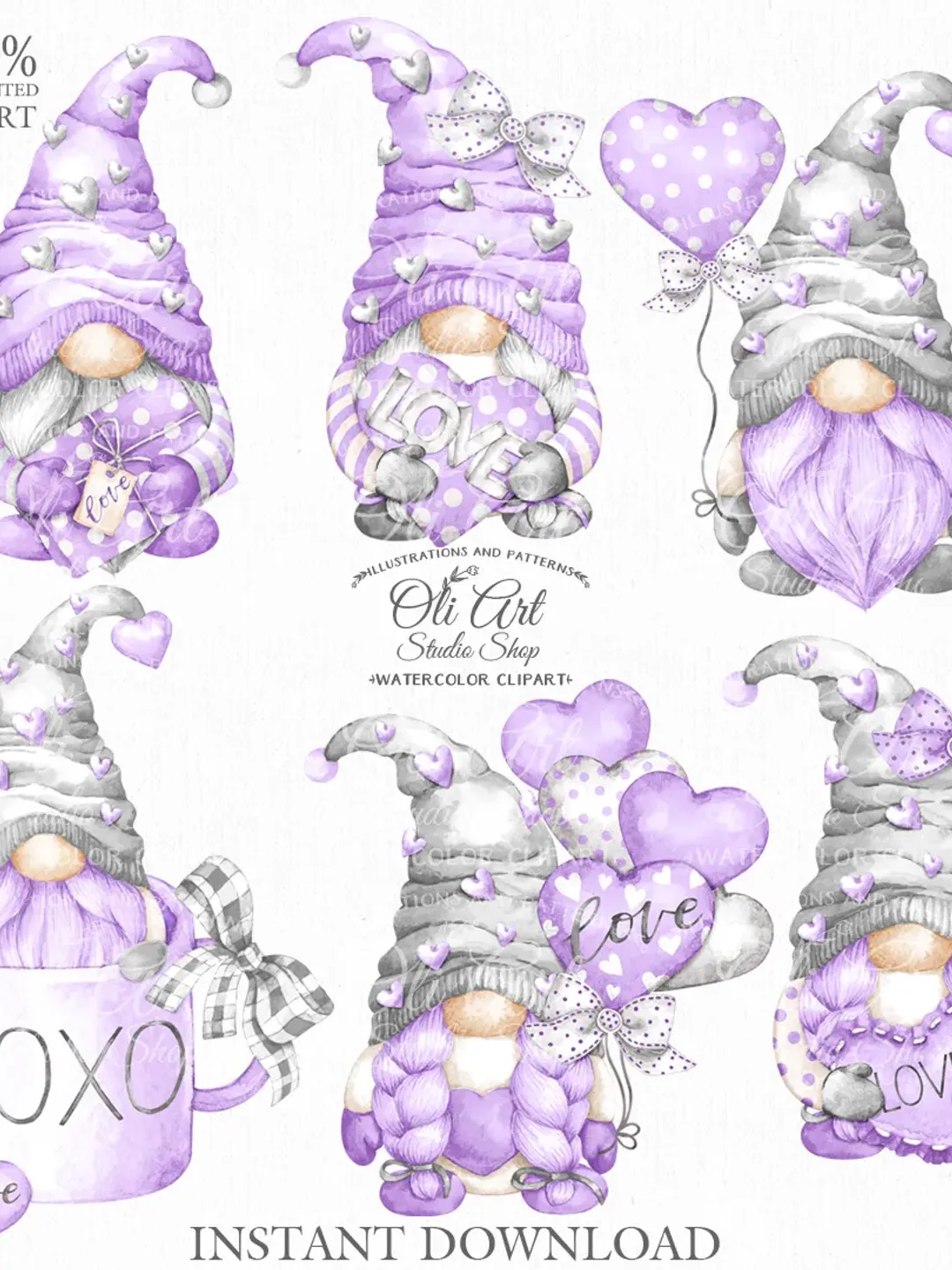 Valentine's Day, Gnome Clip Art. Cute Characters, Hand Drawn graphics. Digital Download. OliArtStudioShop