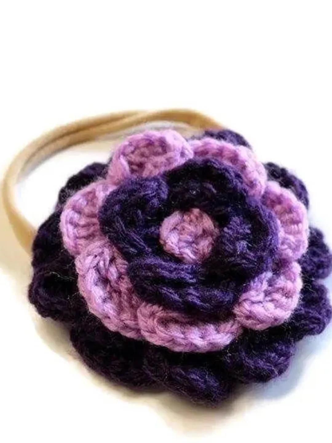 Crochet Yarn Purple Flower Hair Clip or Headband, Nylon Hair Bands, Large Layered Flower, Baby's First Headbands, Coming Home Outfit, Gifts