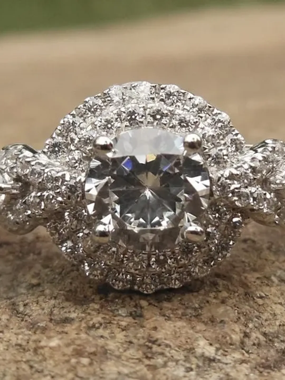 6mm Round Center Stone in 14K White Gold Ring, Diamond Engagement Ring, Semi Mount Ring, Double Halos Ring