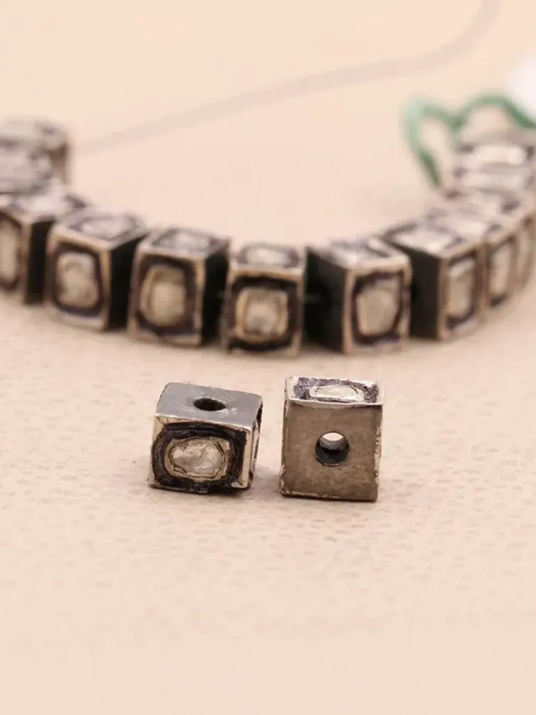 Pave Polki Diamond Beads, Cube Shape Beads, 5X6MM Square Beads, Sterling Silver Beads, Polki Beads, Jewelry Beads, Victorian Spacer Beads