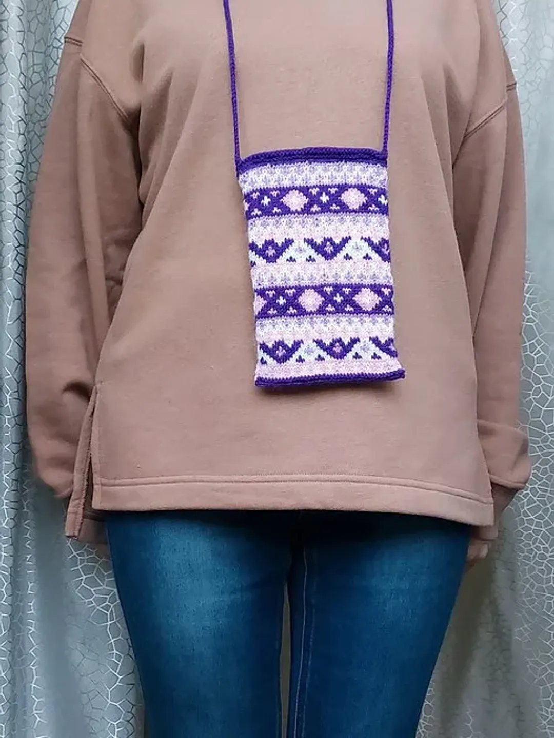 Knitted Purple Phone or Document Case with Jacquard Pattern, Neck Bag