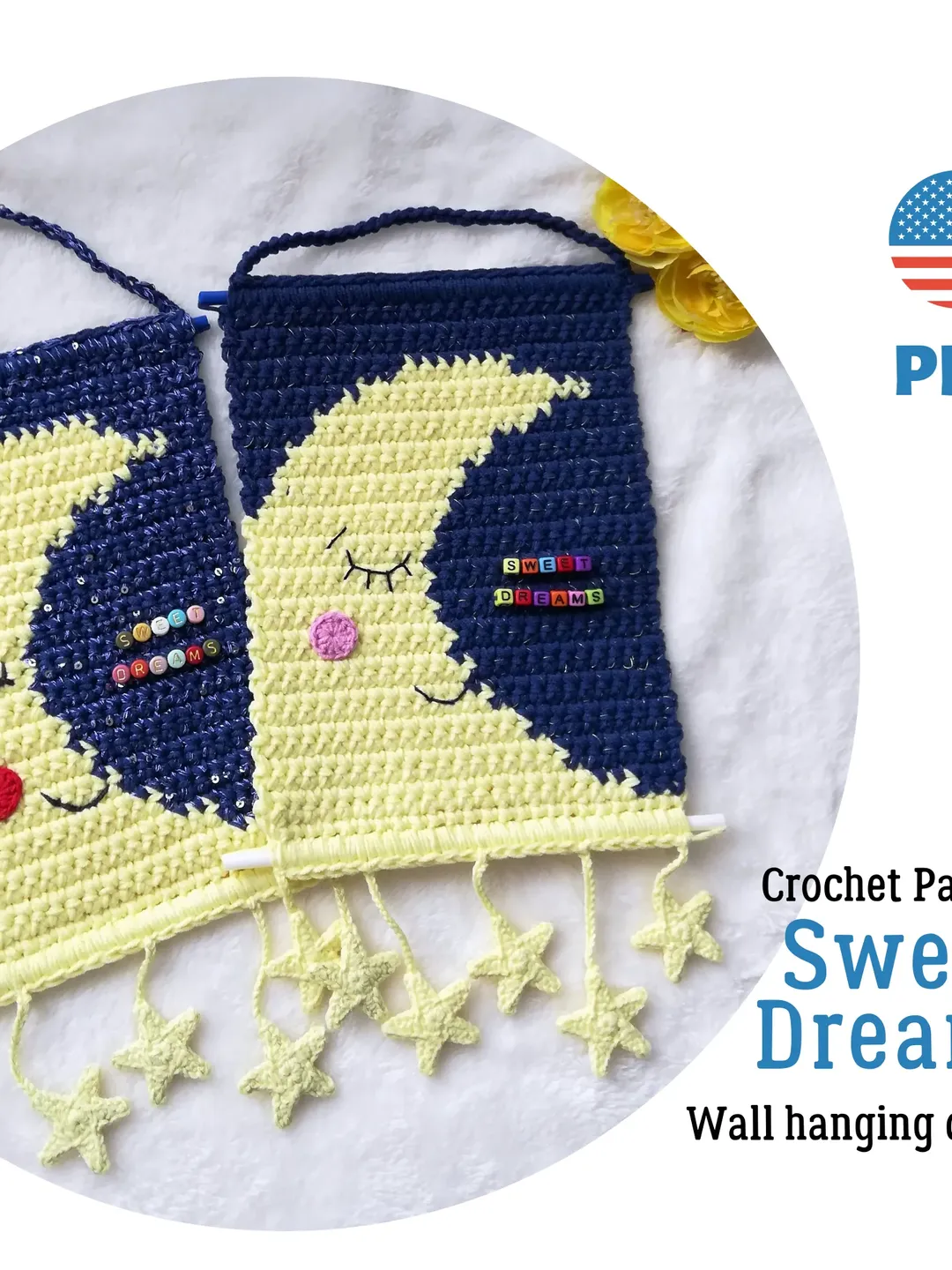 Crochet wall hanging decor pattern, nursery decor Sweet Dreams, PDF file and color chart