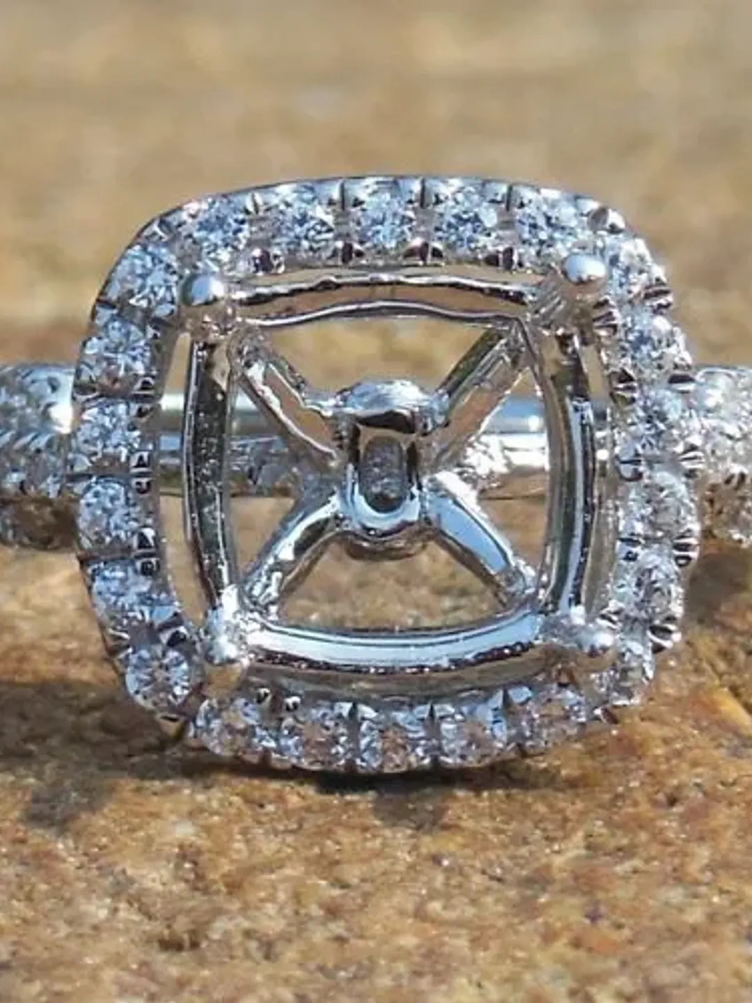 Cushion Cut 8MM Solid 14K White Gold Semi Mount Ring, Diamond Ring, Engagement Ring, Halo Ring