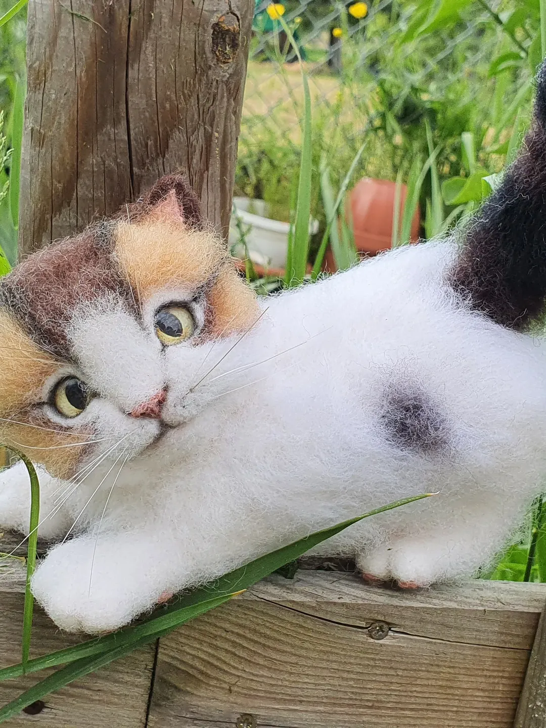 Kitten. Cute tricolor kitten. Toy kitten as a live one. Naturalistic kitten. Collection figurine of natural wool.