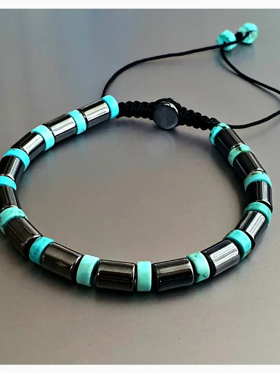 Turquoise Macrame Bracelet, Hematite Stone, Gift For Men, Gift For Women, Blue Jewelery, Turquoise Beads, Masculine Wristlet, Blue Armband