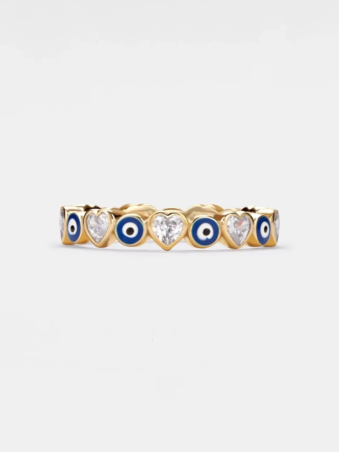 PERIMADE Blue Turkish Evil Eye Band •  Heart Stacking Eternity Ring • Sterling Silver Promise Jewelry • Trendy Best Friend Gift